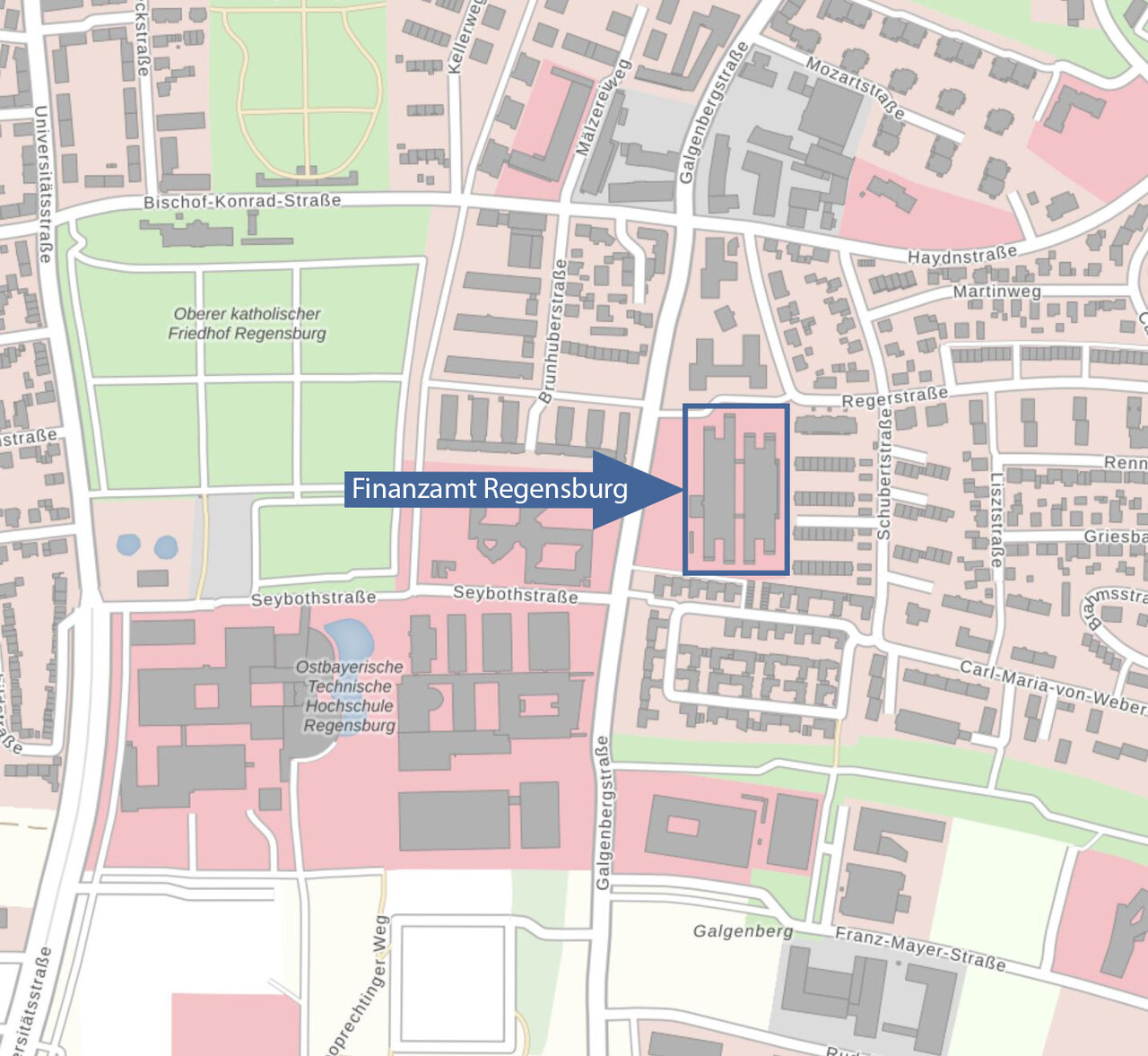  Lageplan Galgenbergstraße mit Markierung Finanzamt Regensburg